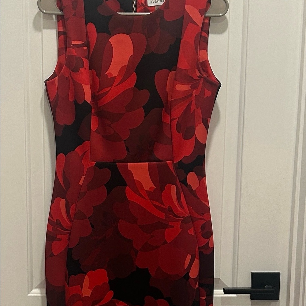 Calvin Klein Red and Black Floral Midi Dress